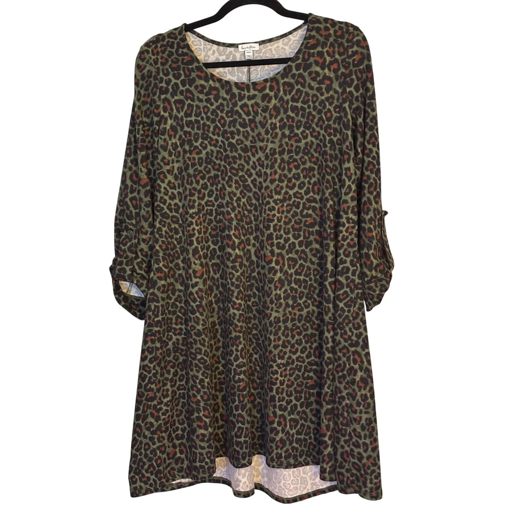 Lovesfire Olive Green Leopard Print Tunic Dress Womens Medium Roll‎ Tab Sleeve